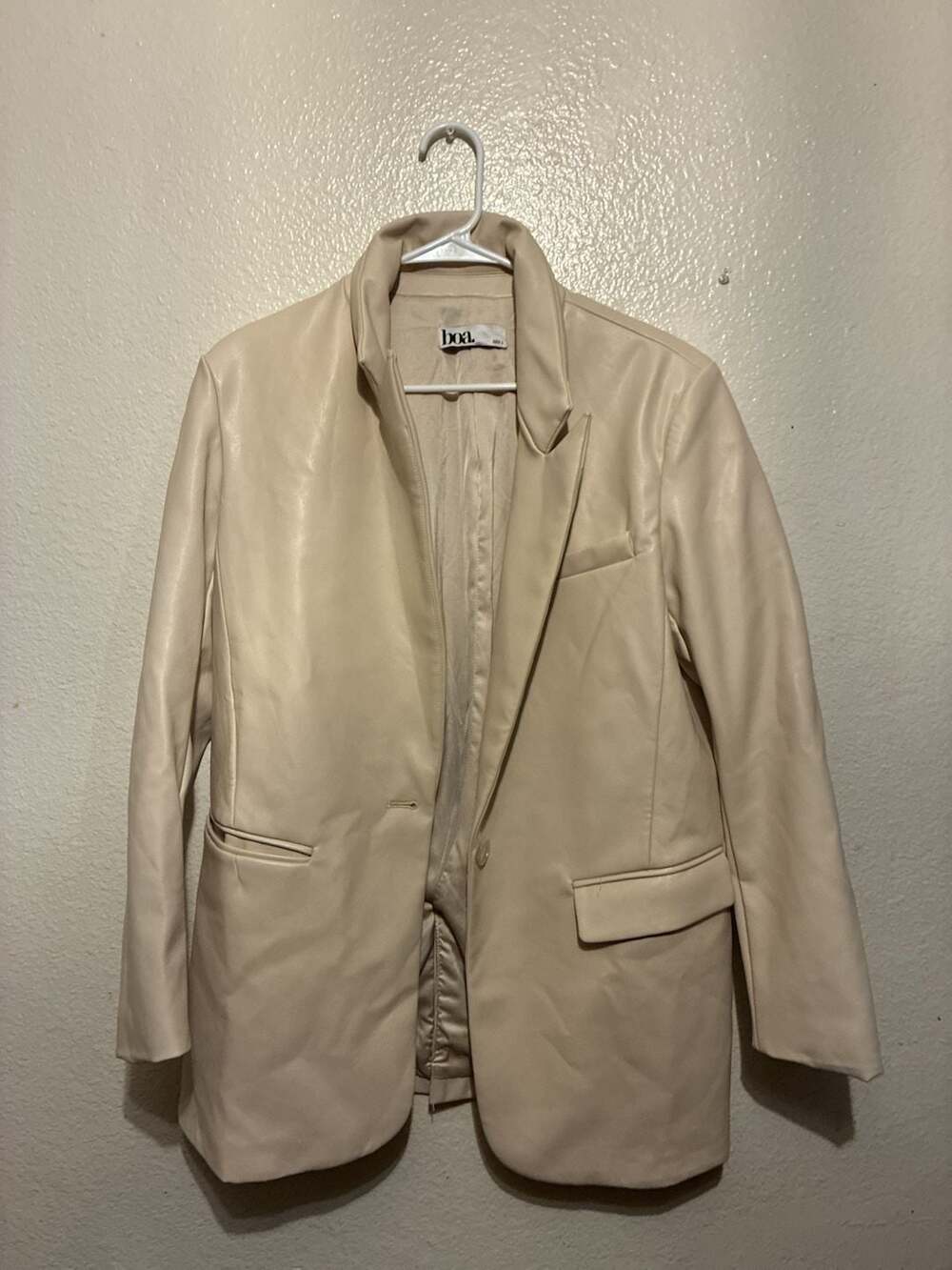 boa. Faux Leather Boyfriend Blazer in Beige